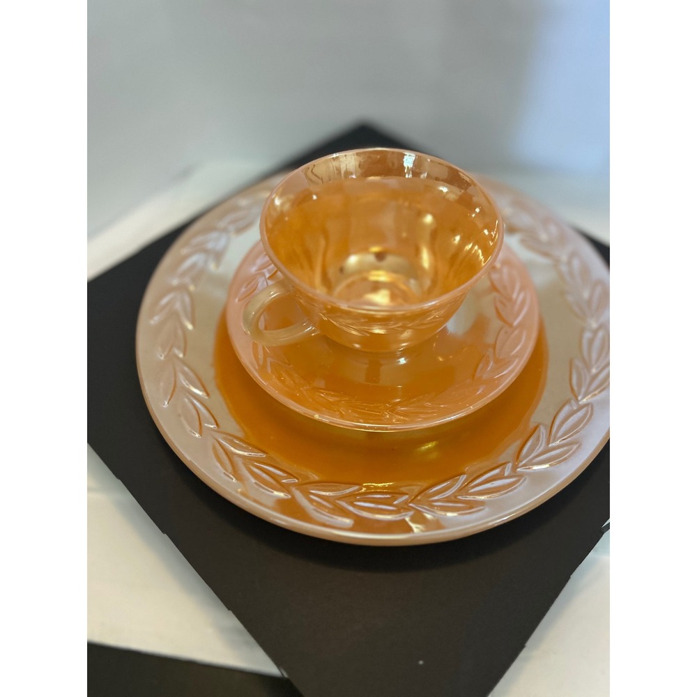 Tea Set Peach Lustre Laurel Leaf Iridescent Glass Cup Saucer Plate Fire-King 3pc
